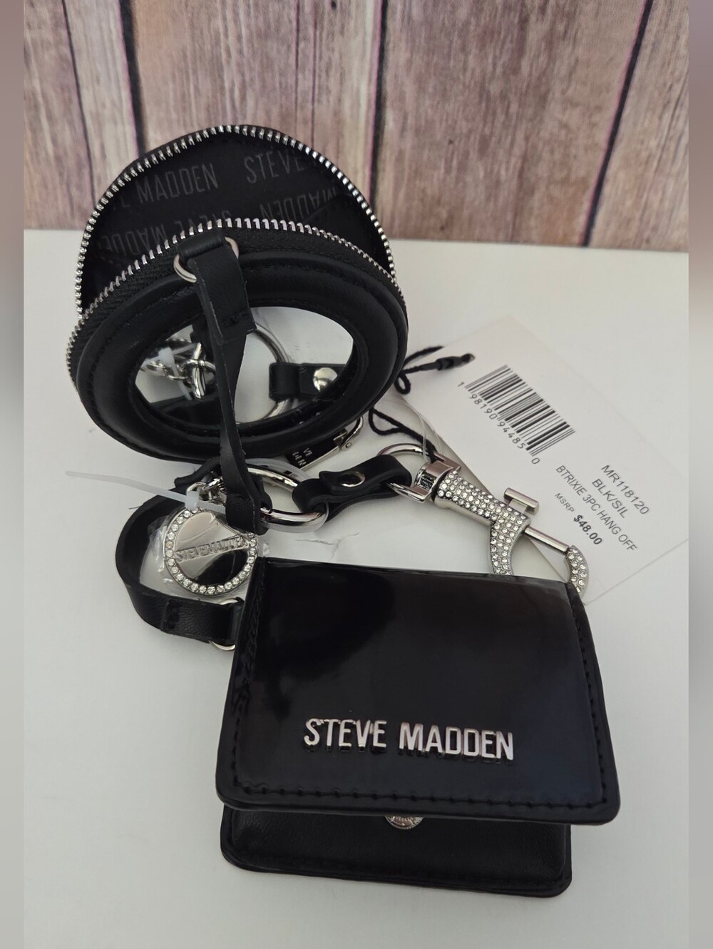 Steve Madden Black Keychain Coin Purses With Compact Mirror 3pc NWT - Picture 6 of 14